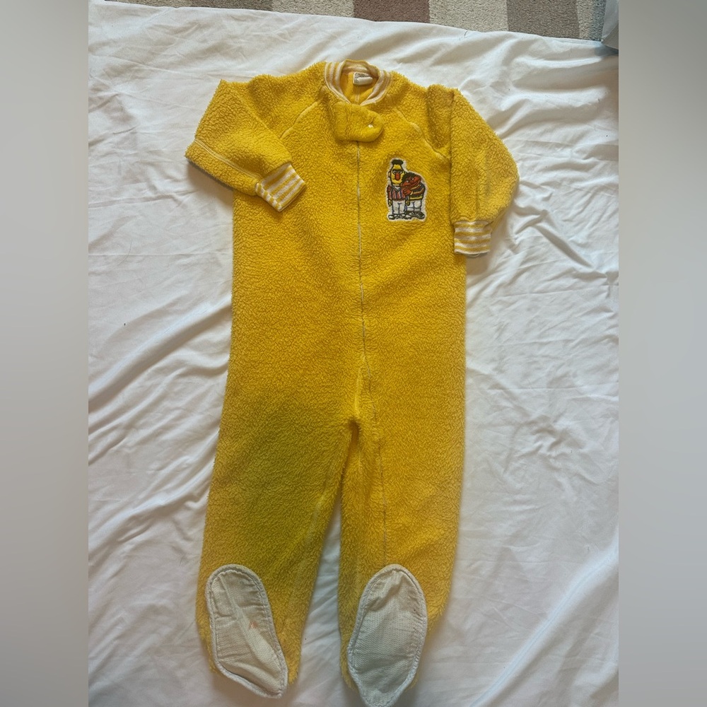 Vintage Sesame Street Yellow Fleece Footed One-Piece with Burt and Ernie patch